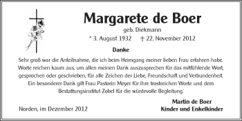 Traueranzeige von Margarete de Boer von Ostfriesischer Kurier