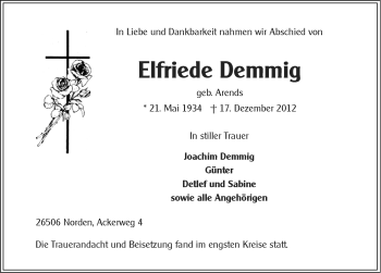 Traueranzeige von Elfriede Demmig von Ostfriesischer Kurier