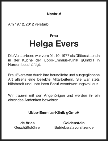 Traueranzeige von Helga Evers von Ostfriesischer Kurier