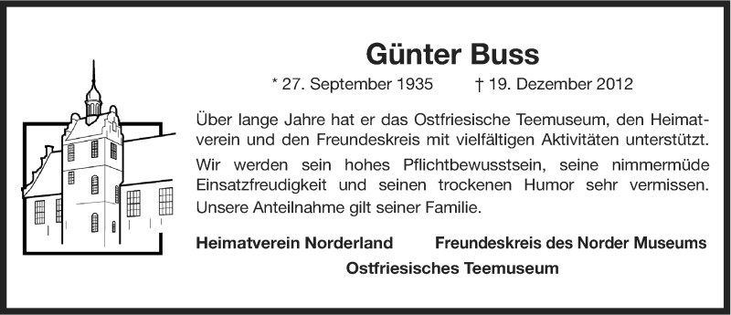 Traueranzeige für Günter Buss vom 22.12.2012 aus Ostfriesischer Kurier