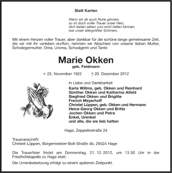 Traueranzeige von Marie Onken von Ostfriesischer Kurier