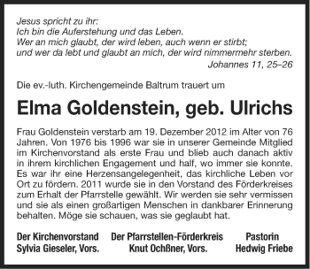 Traueranzeige von Elma Goldenstein von Ostfriesischer Kurier