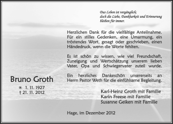 Traueranzeige von Bruno Groth von Ostfriesischer Kurier