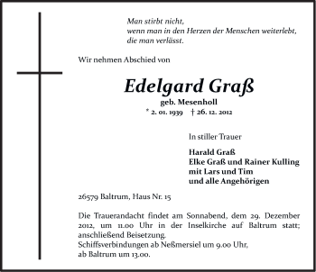 Traueranzeige von Edelgard Graß von Ostfriesischer Kurier