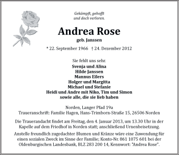 Traueranzeige von Andrea Rose von Ostfriesischer Kurier