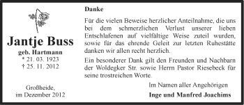 Traueranzeige von Jantje Buss von Ostfriesischer Kurier