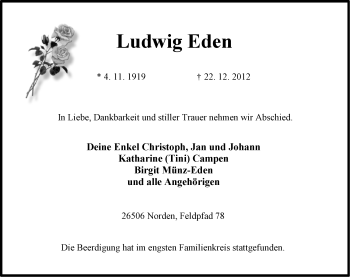 Traueranzeige von Ludwig Eden von Ostfriesischer Kurier