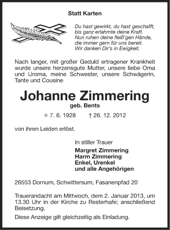 Traueranzeige von Johanne Zimmering von Ostfriesischer Kurier