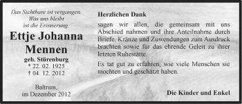 Traueranzeige von Ettje Johanna Mennen von Ostfriesischer Kurier