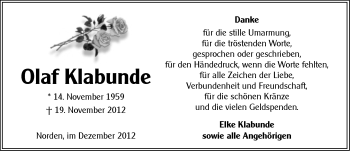 Traueranzeige von Olaf Klabunde von Ostfriesischer Kurier