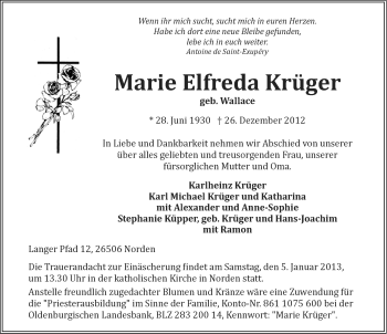 Traueranzeige von Marie Elfreda Krüger von Ostfriesischer Kurier