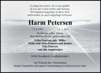 Traueranzeige von Harm Petersen von Ostfriesischer Kurier