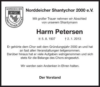 Traueranzeige von Harm Petersen von Ostfriesischer Kurier