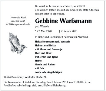 Traueranzeige von Gebbine Warfsmann von Ostfriesischer Kurier