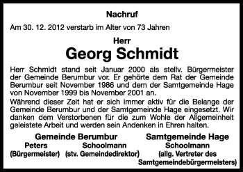 Traueranzeige von Georg Schmidt von Ostfriesischer Kurier