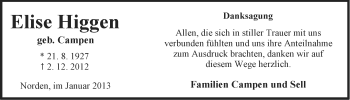 Traueranzeige von Elise Higgen von Ostfriesischer Kurier