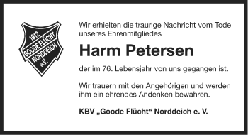 Traueranzeige von Harm Petersen von Ostfriesischer Kurier