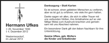 Traueranzeige von Hermann Ufkes von Ostfriesischer Kurier