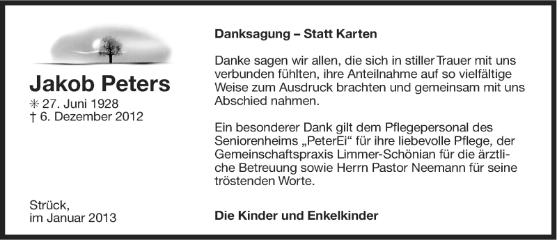  Traueranzeige für Jakob Peters vom 05.01.2013 aus Ostfriesischer Kurier