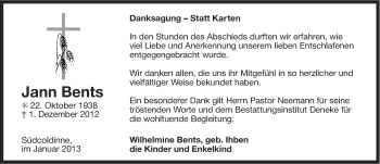 Traueranzeige von Jann Bents von Ostfriesischer Kurier