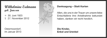 Traueranzeige von Wilhelmine Erdmann von Ostfriesischer Kurier