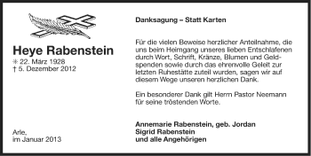 Traueranzeige von Heye Rabenstein von Ostfriesischer Kurier