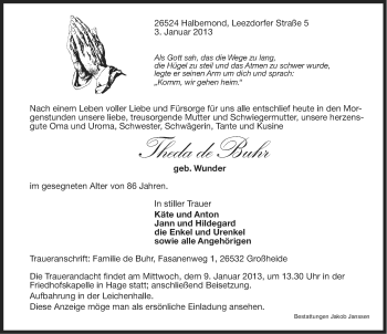 Traueranzeige von Theda de Buhr von Ostfriesischer Kurier