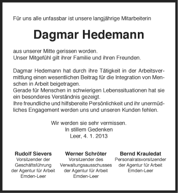 Traueranzeige von Dagmar Hedemann von Ostfriesischer Kurier