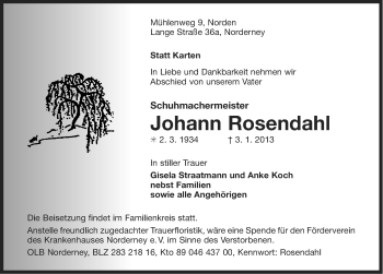 Traueranzeige von Johann Rosendahl von Ostfriesischer Kurier