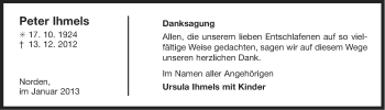Traueranzeige von Peter Ihmels von Ostfriesischer Kurier