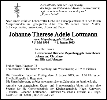 Traueranzeige von Johanne Therese Adele Lottmann von Ostfriesischer Kurier