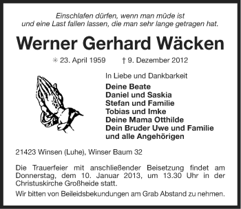 Traueranzeige von Werner Gerhard Wäcken von Ostfriesischer Kurier