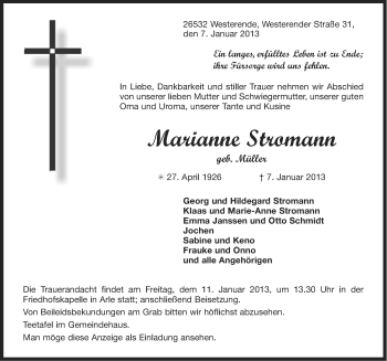 Traueranzeige von Marianne Stromann von Ostfriesischer Kurier