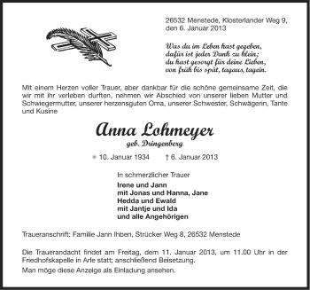 Traueranzeige von Anna Lohmeyer von Ostfriesischer Kurier