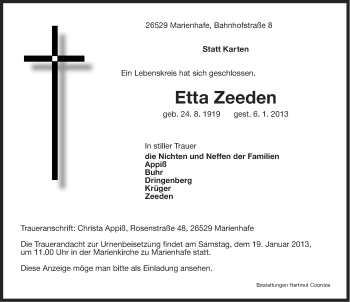 Traueranzeige von Etta Zeeden von Ostfriesischer Kurier