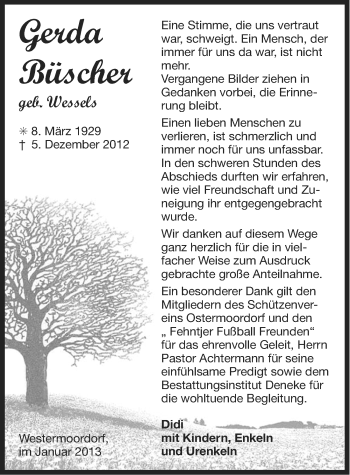 Traueranzeige von Gerda Büscher von Ostfriesischer Kurier