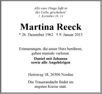 Traueranzeige von Martina Reeck von Ostfriesischer Kurier