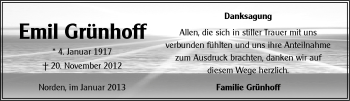 Traueranzeige von Emil Grünhoff von Ostfriesischer Kurier