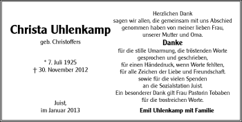 Traueranzeige von Christa Uhlenkamp von Ostfriesischer Kurier