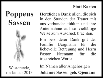 Traueranzeige von Poppeus Sassen von Ostfriesischer Kurier