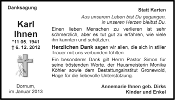 Traueranzeige von Karl Ihnen von Ostfriesischer Kurier