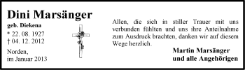 Traueranzeige von Dini Marsänger von Ostfriesischer Kurier