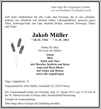 Traueranzeige von Jakob Müller von Ostfriesischer Kurier
