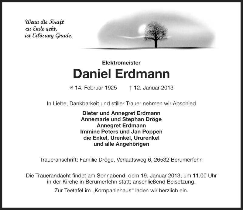  Traueranzeige für Daniel Erdmann vom 15.01.2013 aus Ostfriesischer Kurier