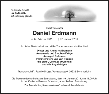 Traueranzeige von Daniel Erdmann von Ostfriesischer Kurier