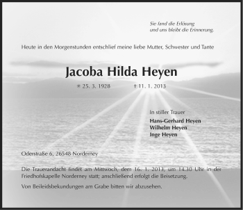 Traueranzeige von Jacoba Hilda Heyen von Ostfriesischer Kurier