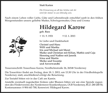 Traueranzeige von Hildegard Karow von Ostfriesischer Kurier