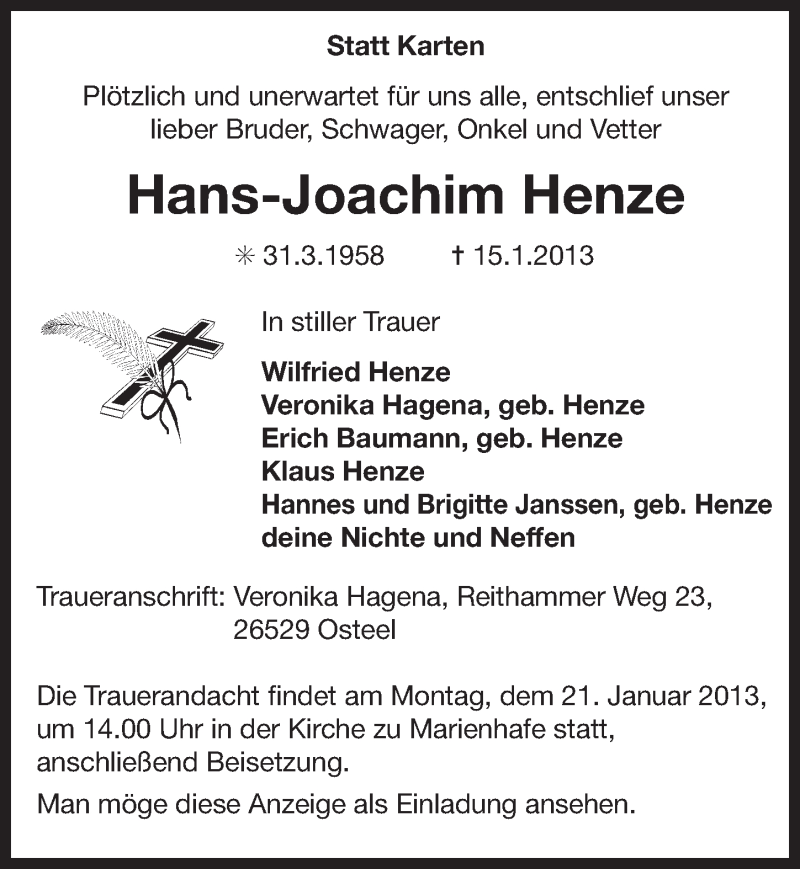  Traueranzeige für Hans-Joachim Henze vom 16.01.2013 aus Ostfriesischer Kurier