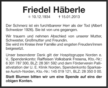 Traueranzeige von Friedel Häberle von Ostfriesischer Kurier