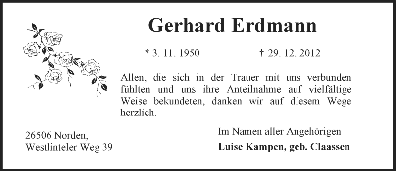  Traueranzeige für Gerhard Erdmann vom 19.01.2013 aus Ostfriesischer Kurier